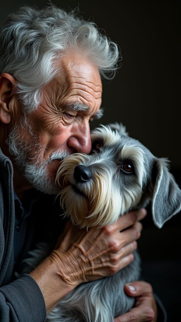 Elderly Man's Affectionate Embrace with Schnauzer