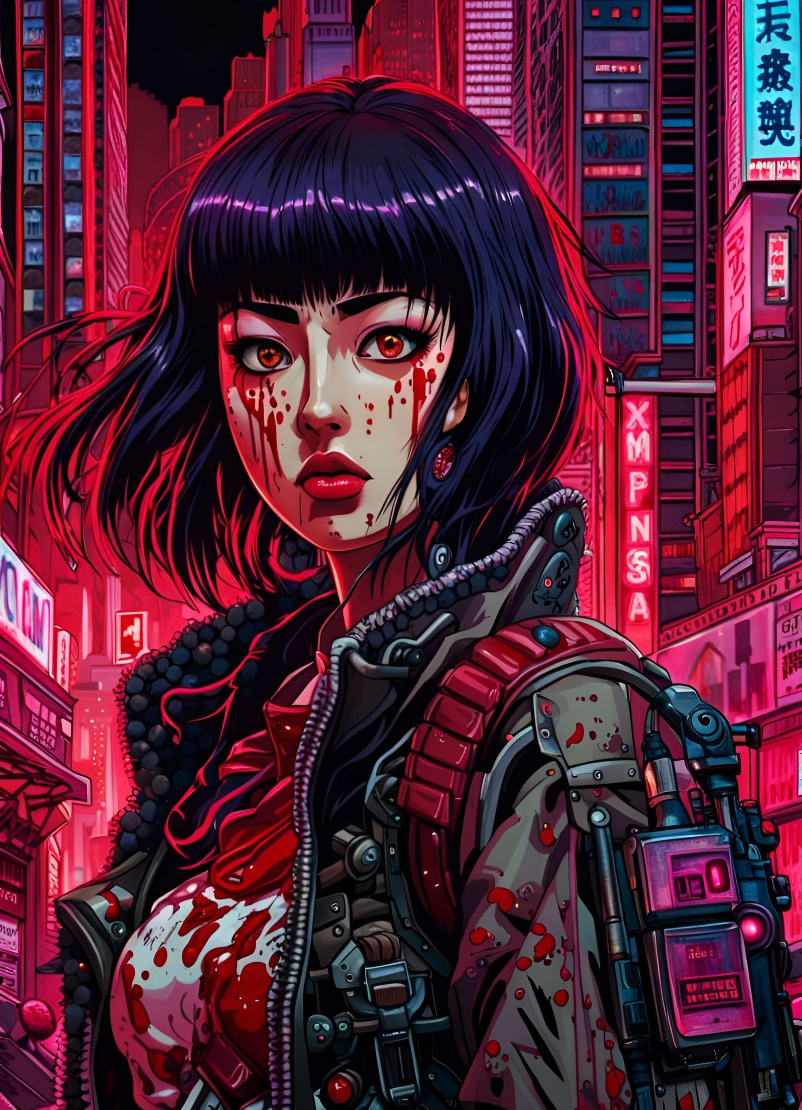 Anime Cyberpunk Soldier in Bloody Cityscape