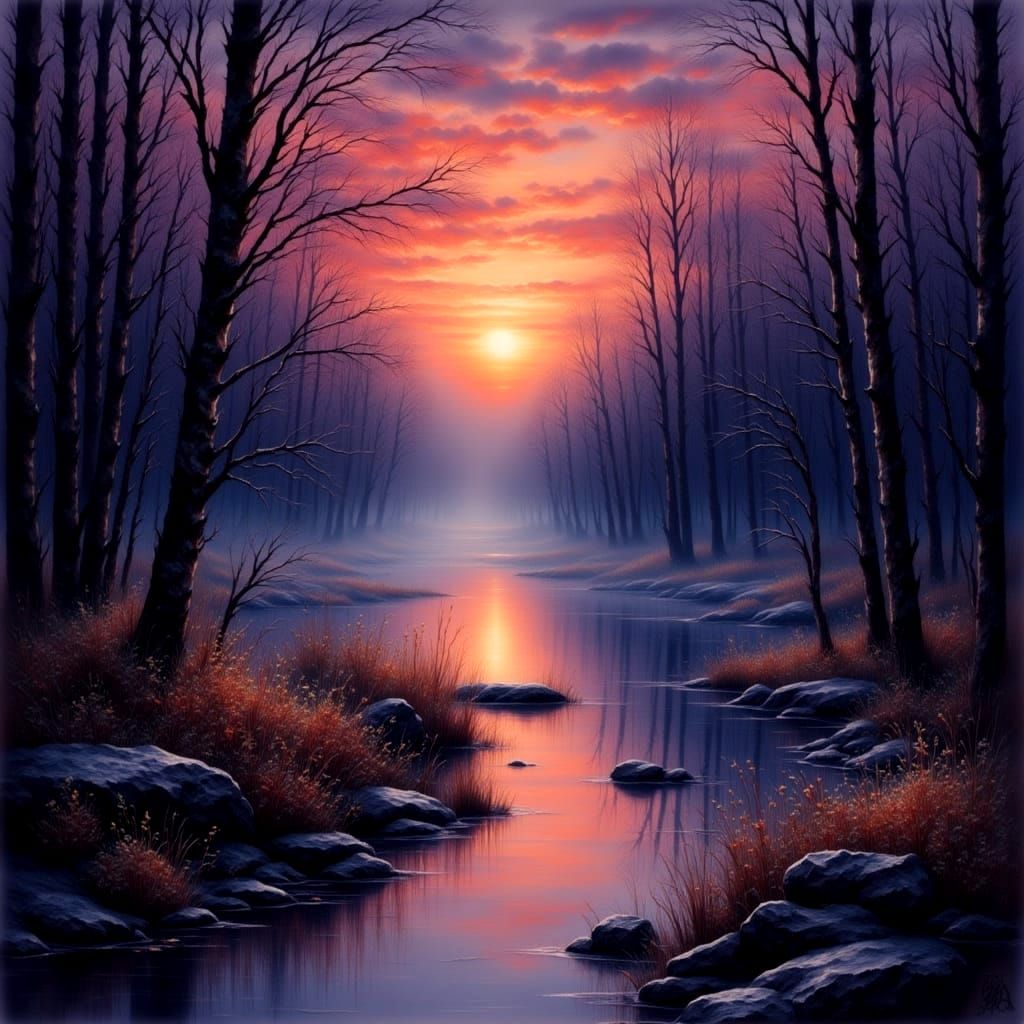 Antique Watercolor of Lingering Twilight Scene