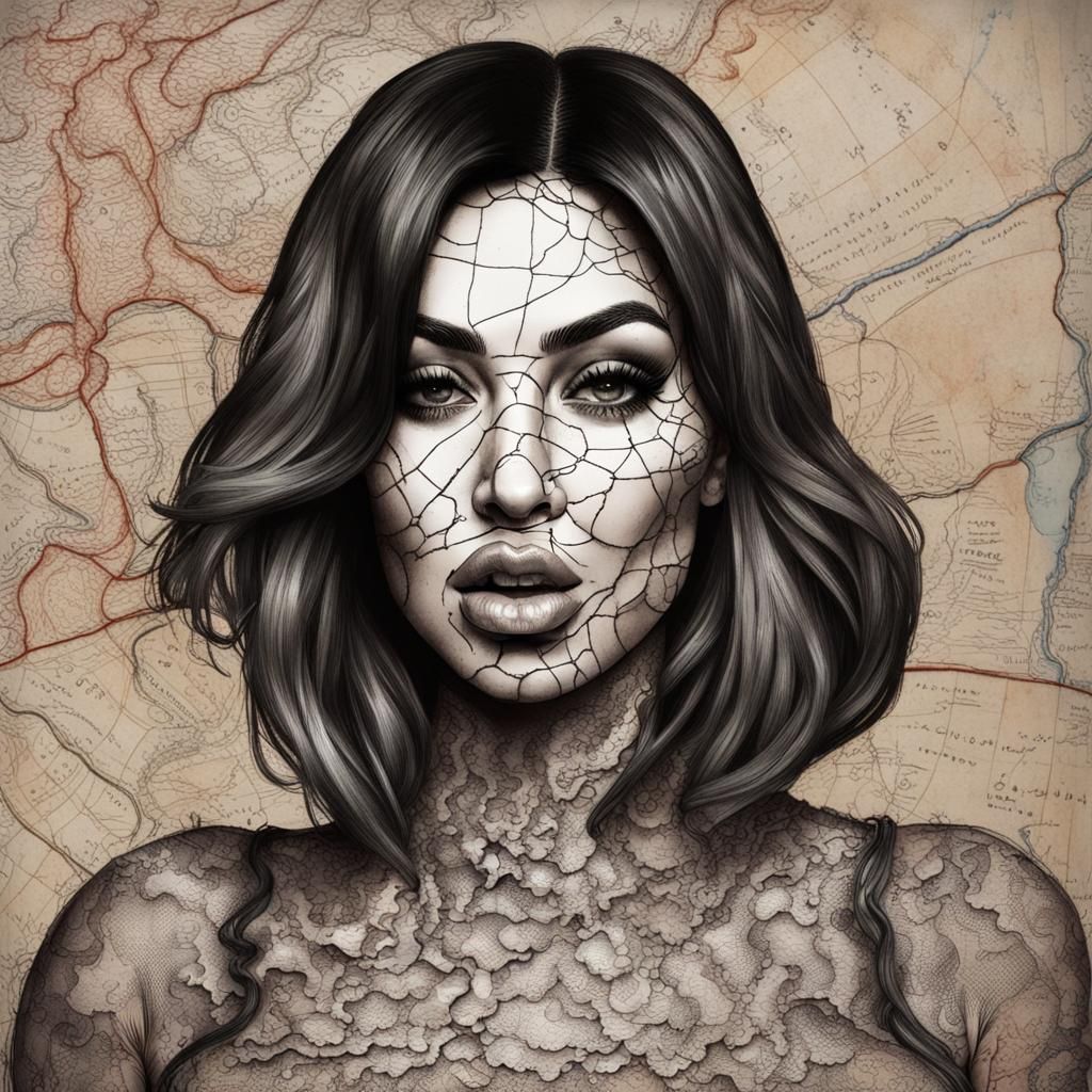 Creepy Bottlecap Illustration of Kim K in Bathymetry Style