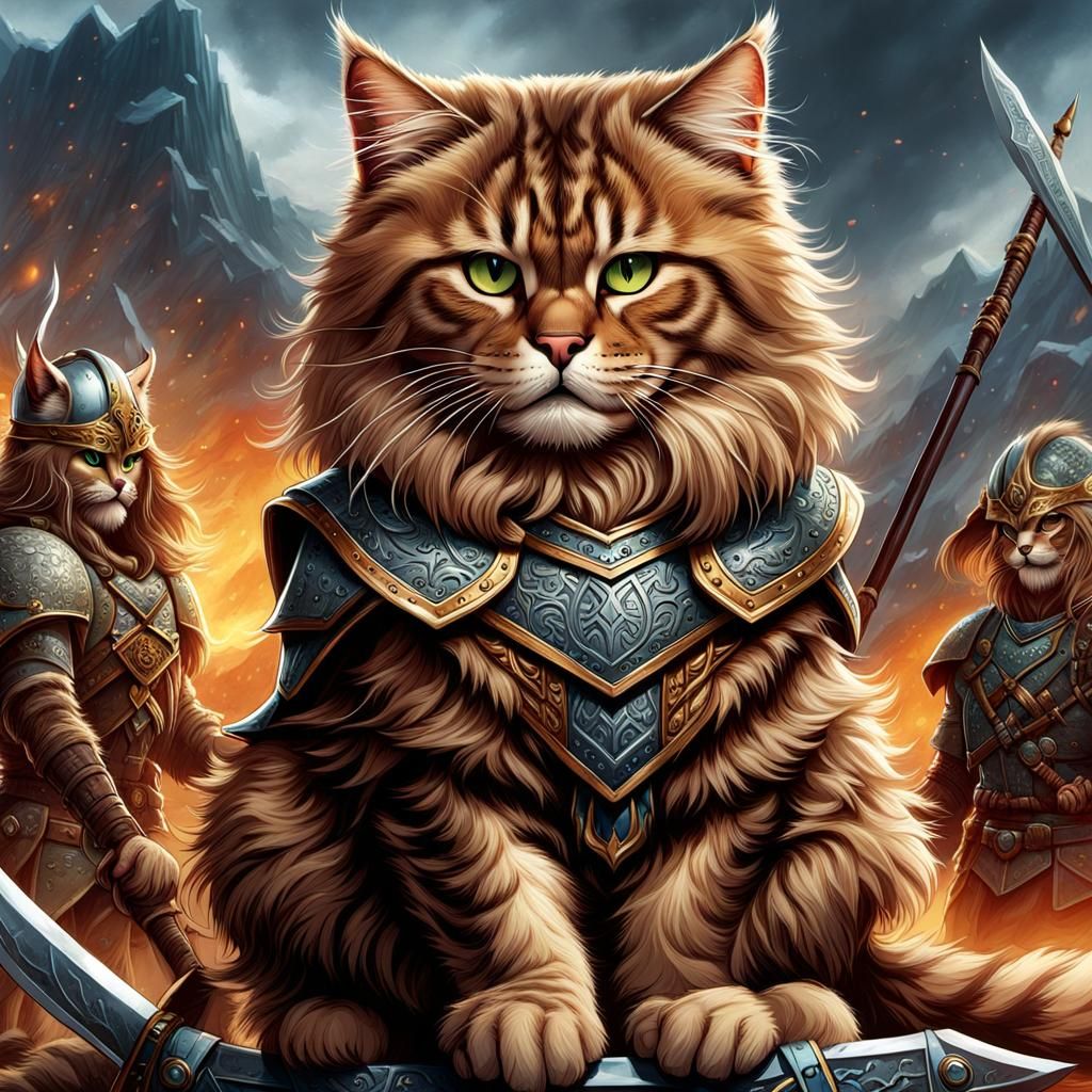 Fierce Tabby Cat Viking Warrior on Battlefield