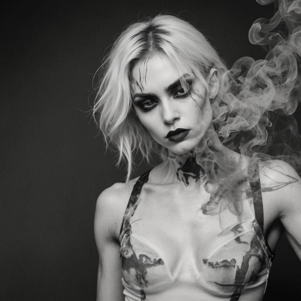 Gothic Model in Fog: Black and White Photography