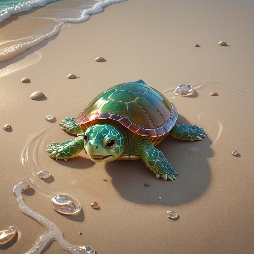Joyful Crystal Turtle Jogging on Beach: 3D Digital Art