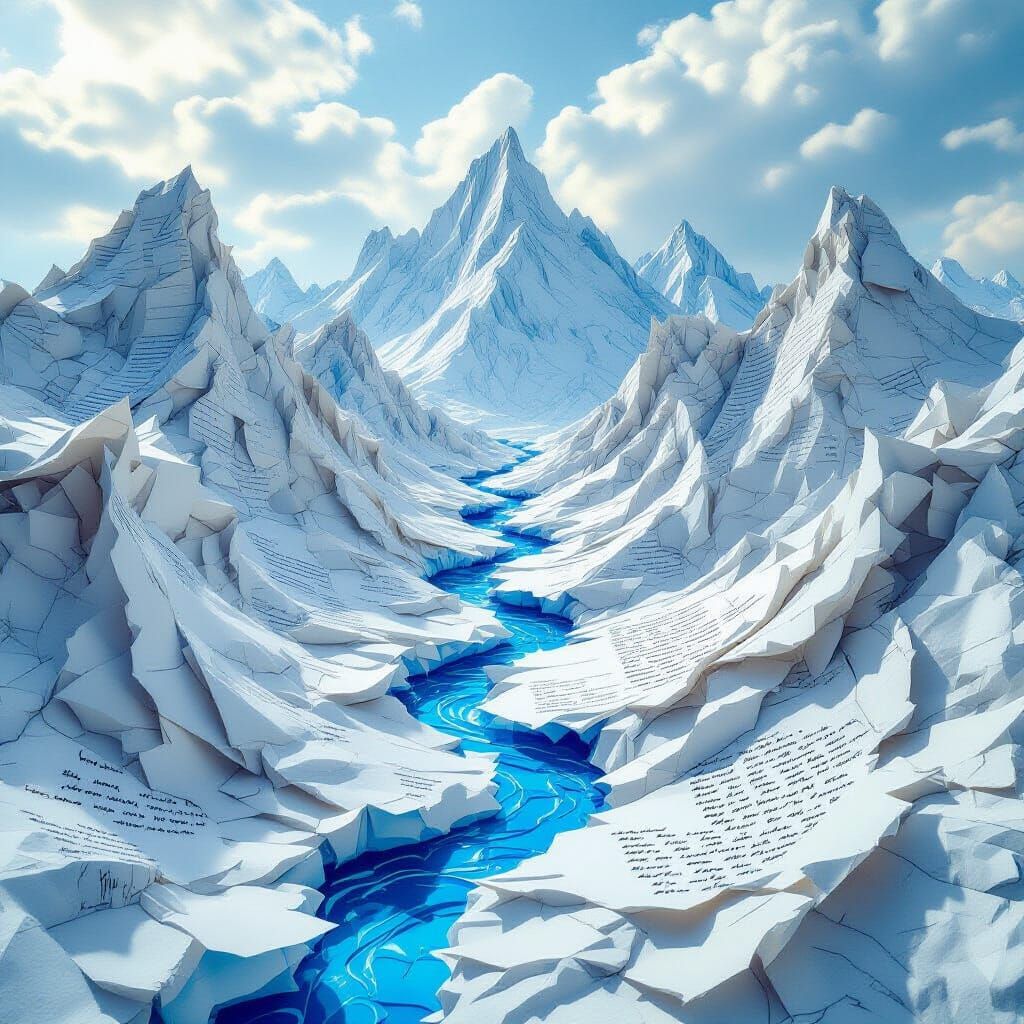 Surreal Notebook Paper Landscape with Ink River