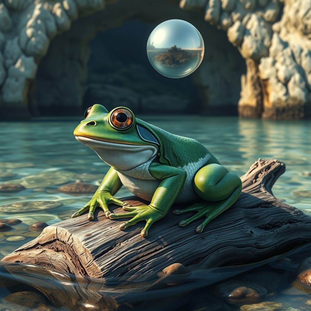 Iridescent Frog and Floating Silver Sphere