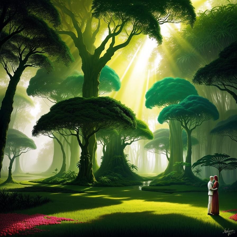 Adam and Eve in a Surreal Paradise Garden