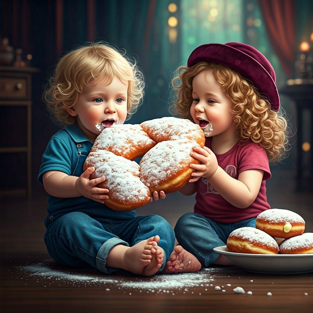 Joyful Toddlers Share Beignet in Vibrant Splash Art