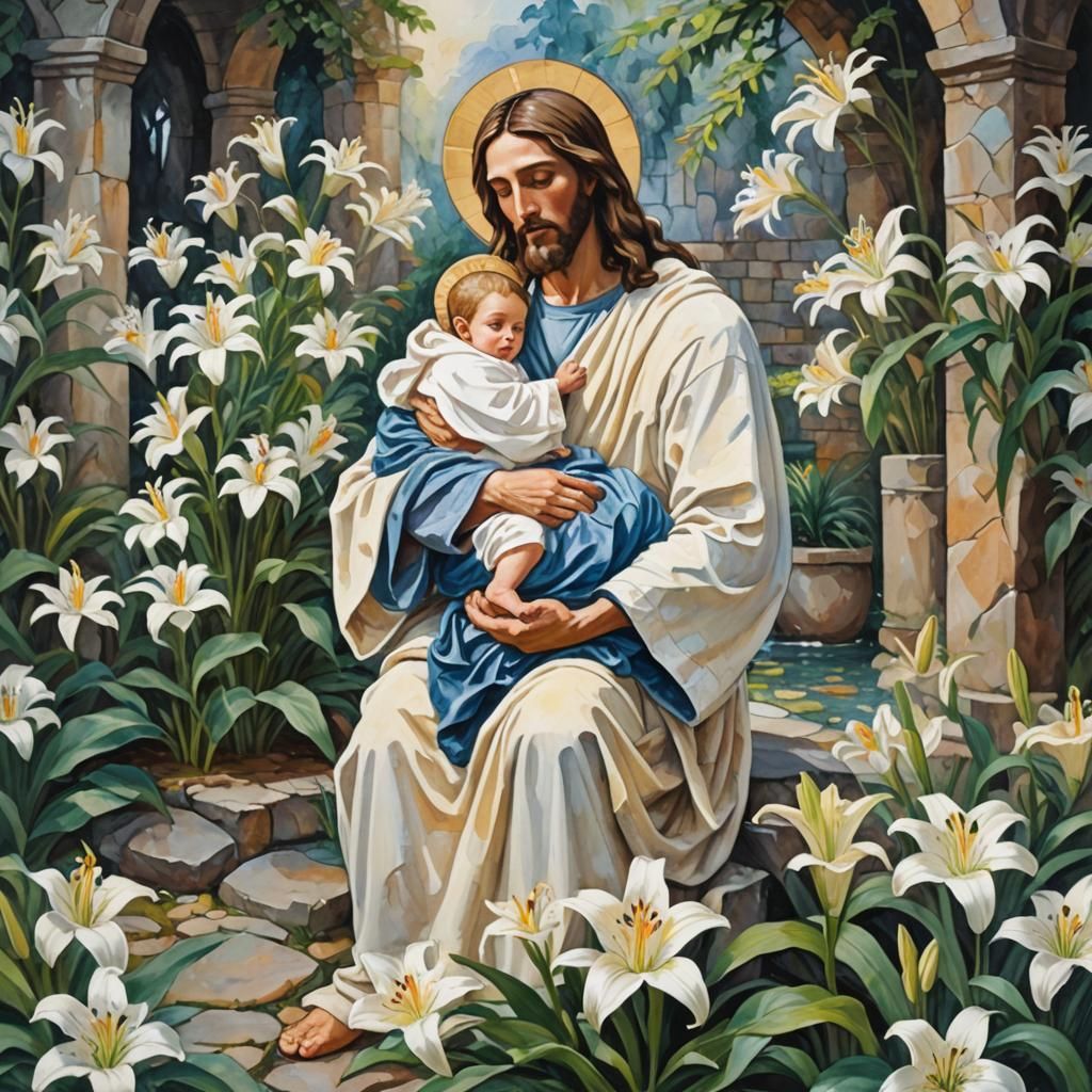 Jesus Christ and Child in Impressionist Gouache Style