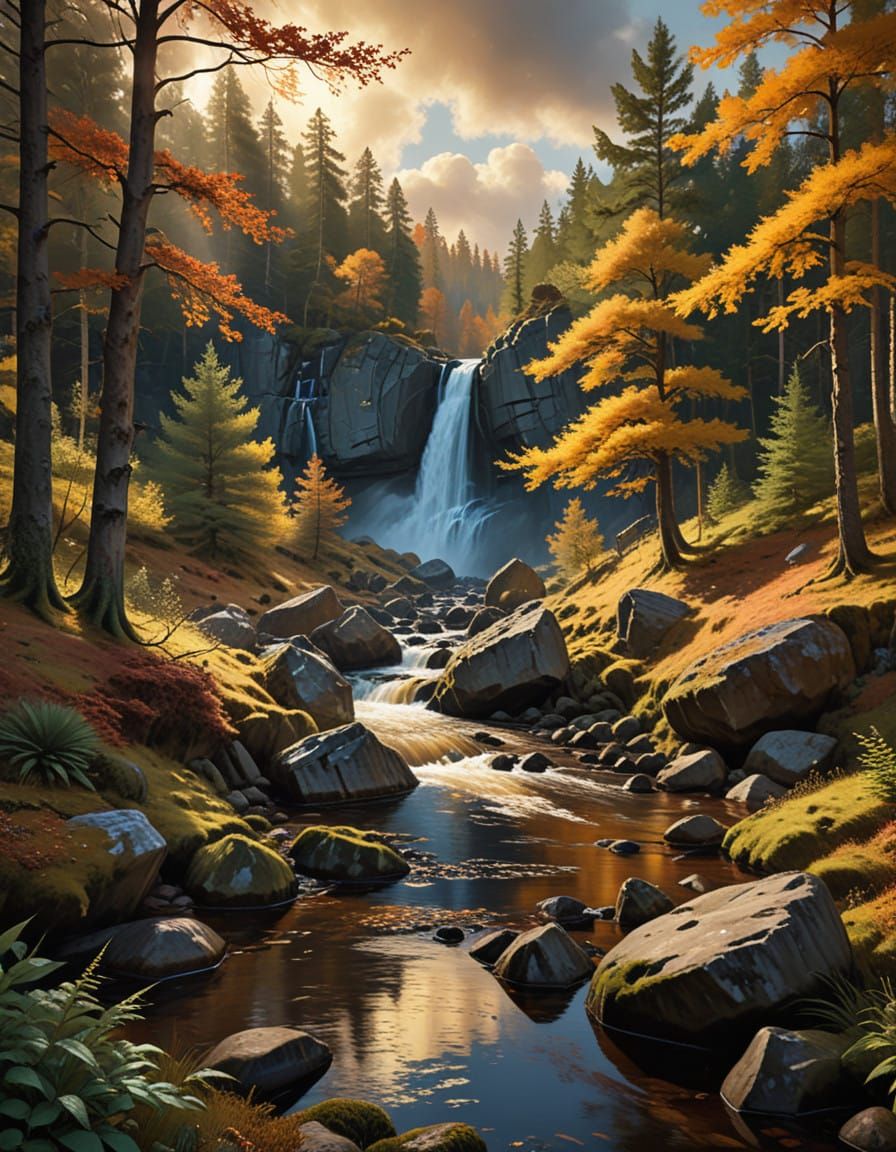 Ethereal Autumn Waterfall in Gouache Style