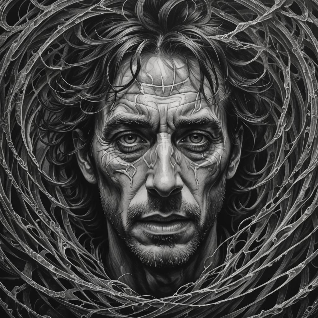 (hazy, blurred, close-up, dark black pencil drawing, depress...