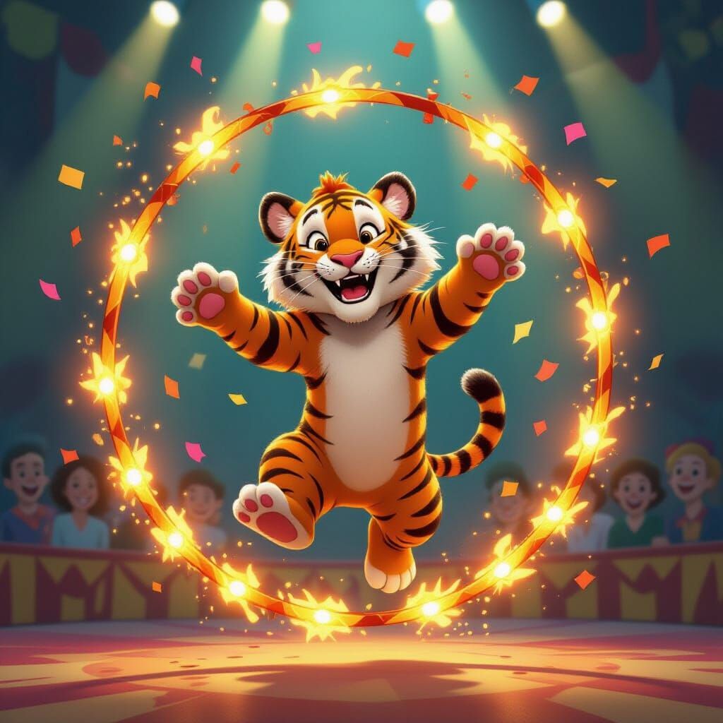 Friendly Tiger Leaping Through Fiery Hoop with Confetti