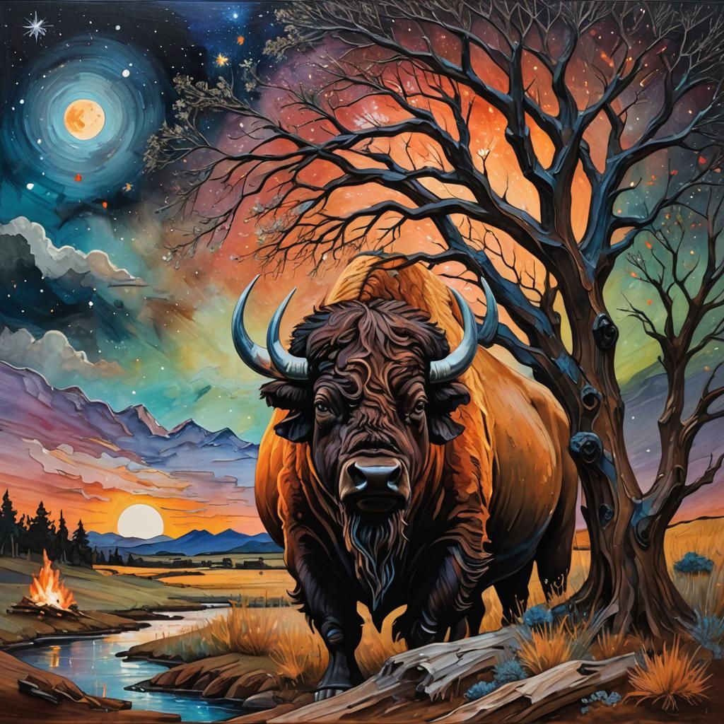 Buffalo in Prairie Landscape as Impasto Mixed Media
