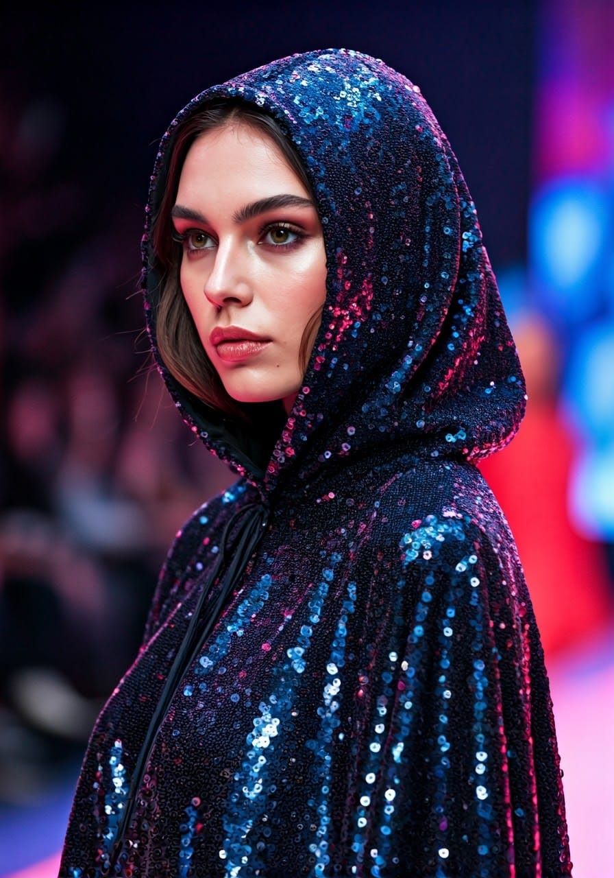 Glamorous Model in Sequined Outfit on Catwalk