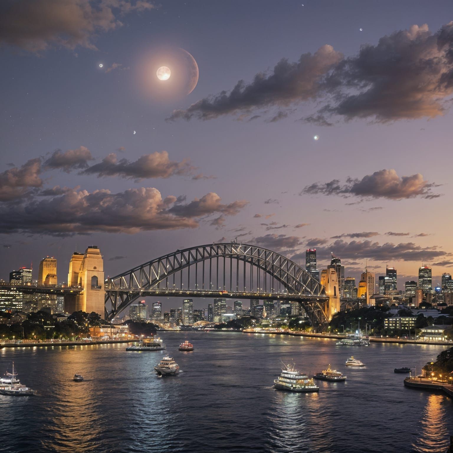 Sydney Skyline Under a Luminous Moon