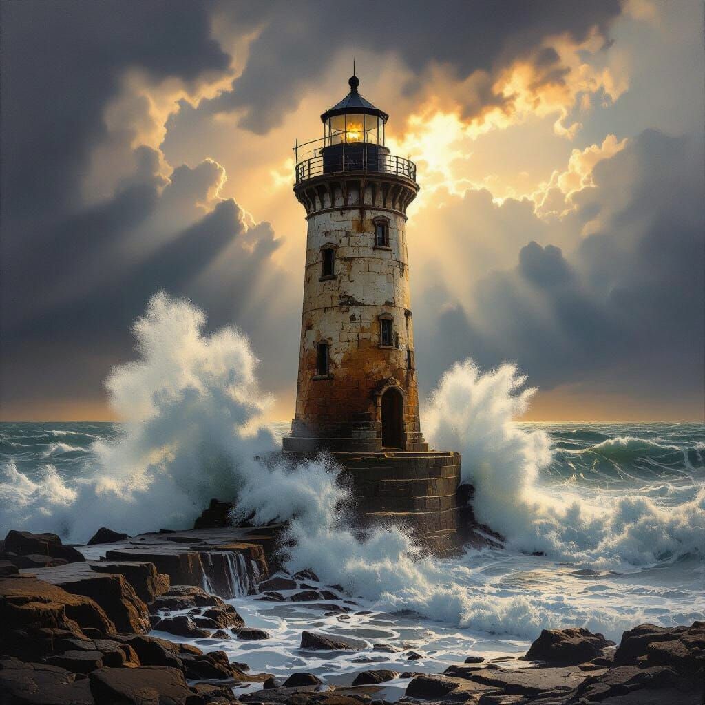 An ancient, weathered lighthouse stands defiantly against a ...