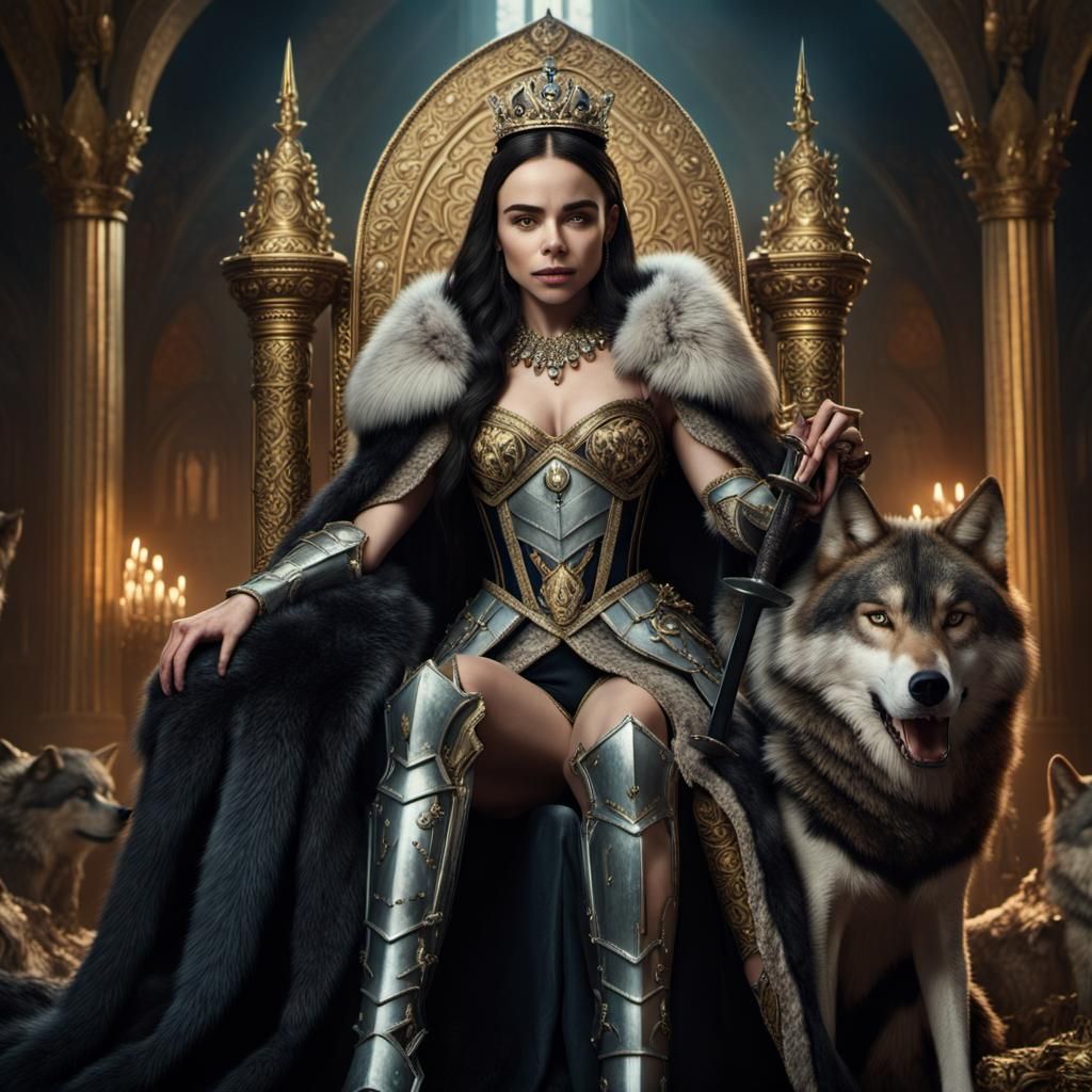 Sofia Carson as Armored Queen on Throne with Wolves