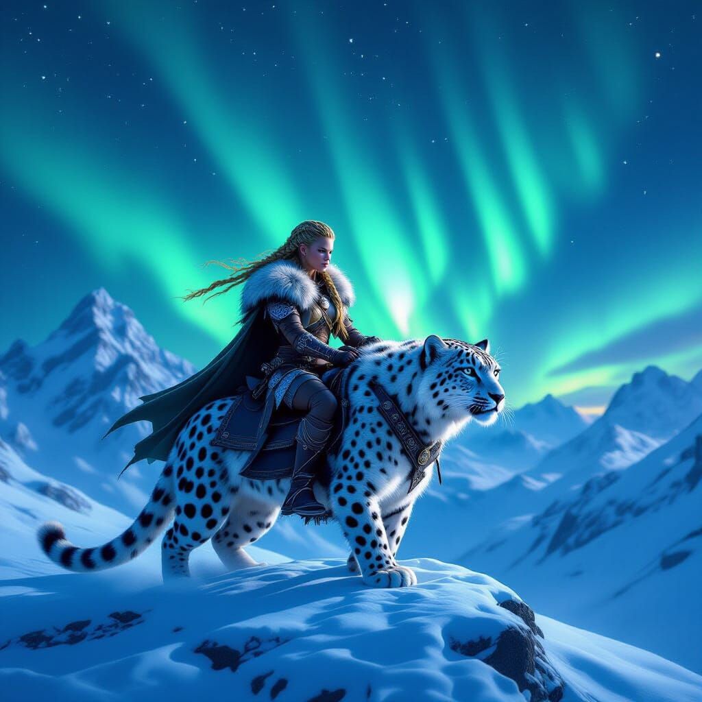 Viking Girl Rides Snow Leopard Under Aurora Borealis