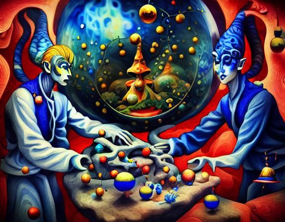 <lora:last one:1.0> Two yellow elves with lapiz lazuli psilocybe clock heads, Mescaline and DMT art, Hyeronimus BOSCH, H...