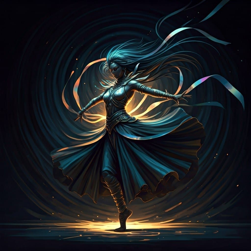 Dancing Figure in Darkness with Iridescent Light