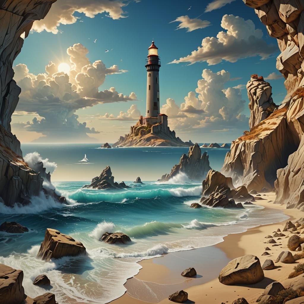 Surreal Seascape with Lighthouse in Salvador Dali Style