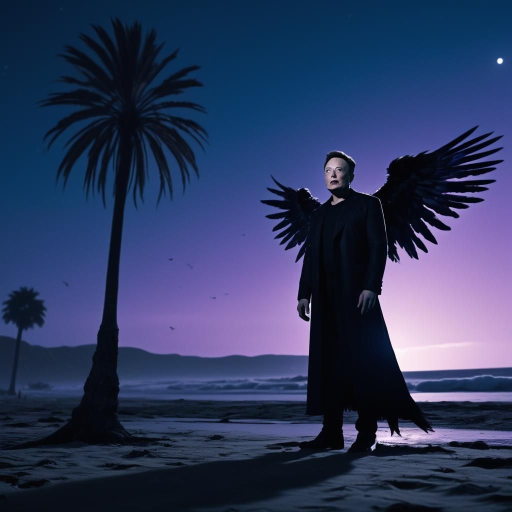 Dark Angel Hovers Over Elon Musk on a Desolate Beach at Nigh...