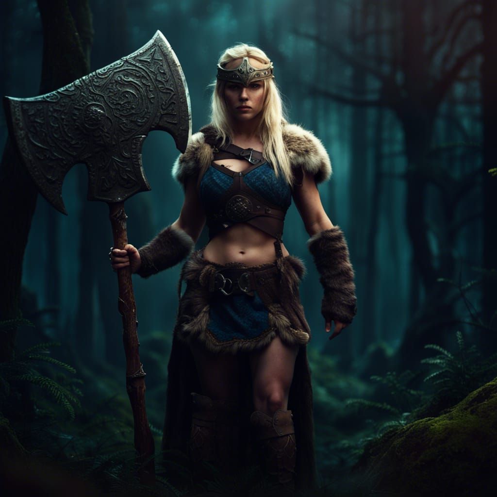 Muscular Viking Woman with Axe in Dark Forest