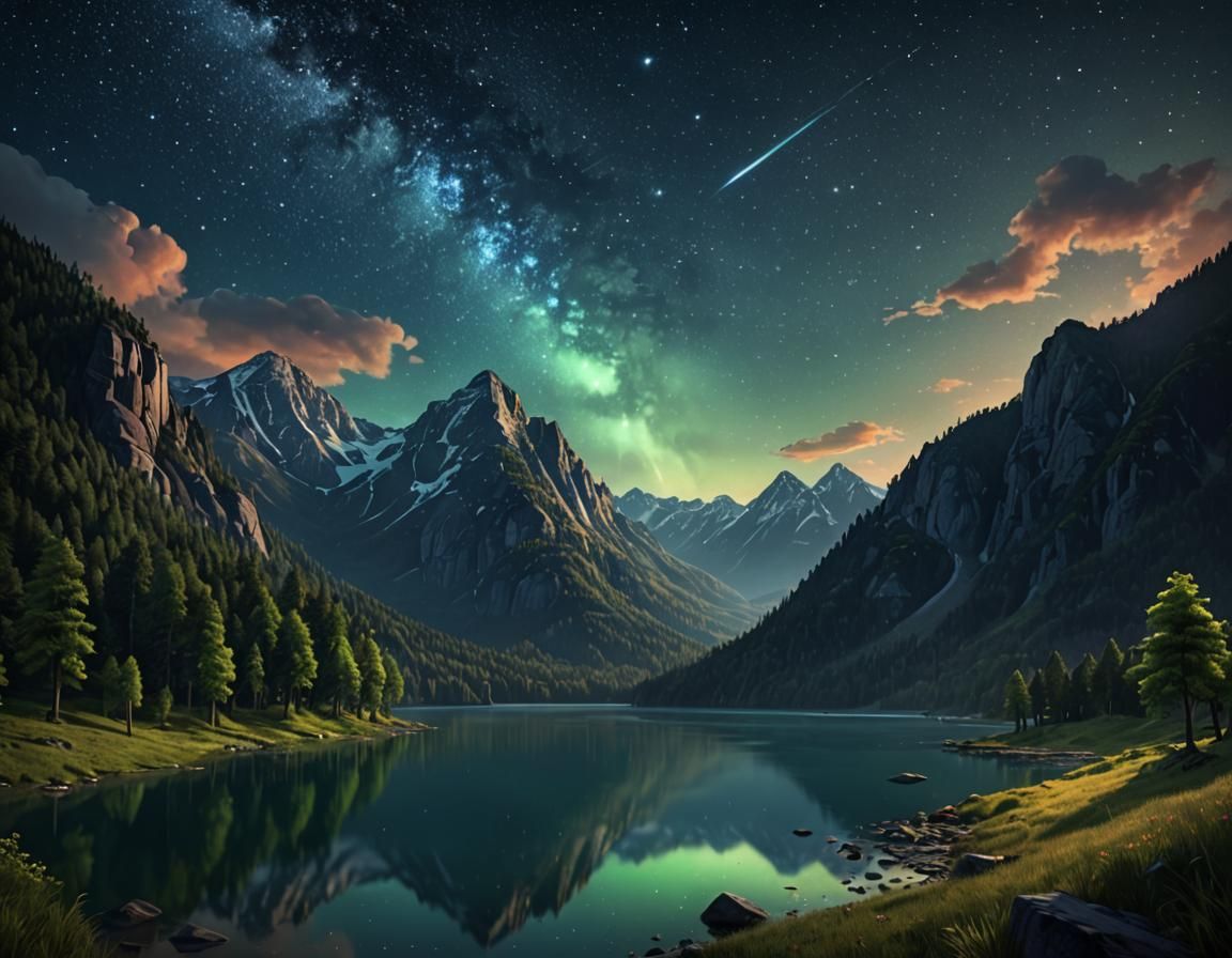 Night Scene with Lake, Mountains and Comet
