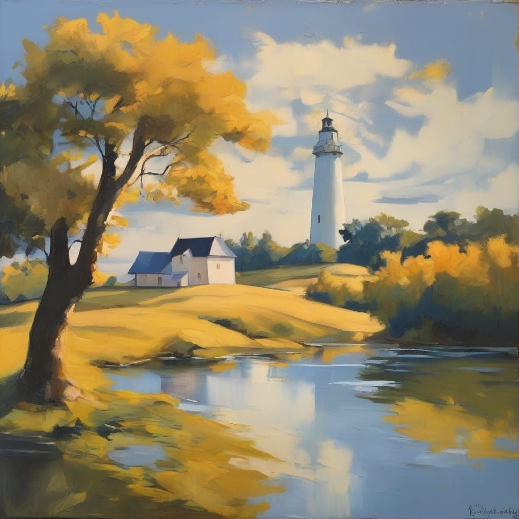 Luminous Lagoon Landscape in Art Deco Style