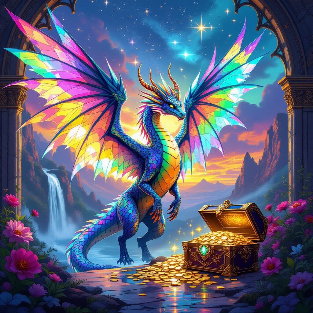 Crystal Dragon with Rainbow Scales and Wings