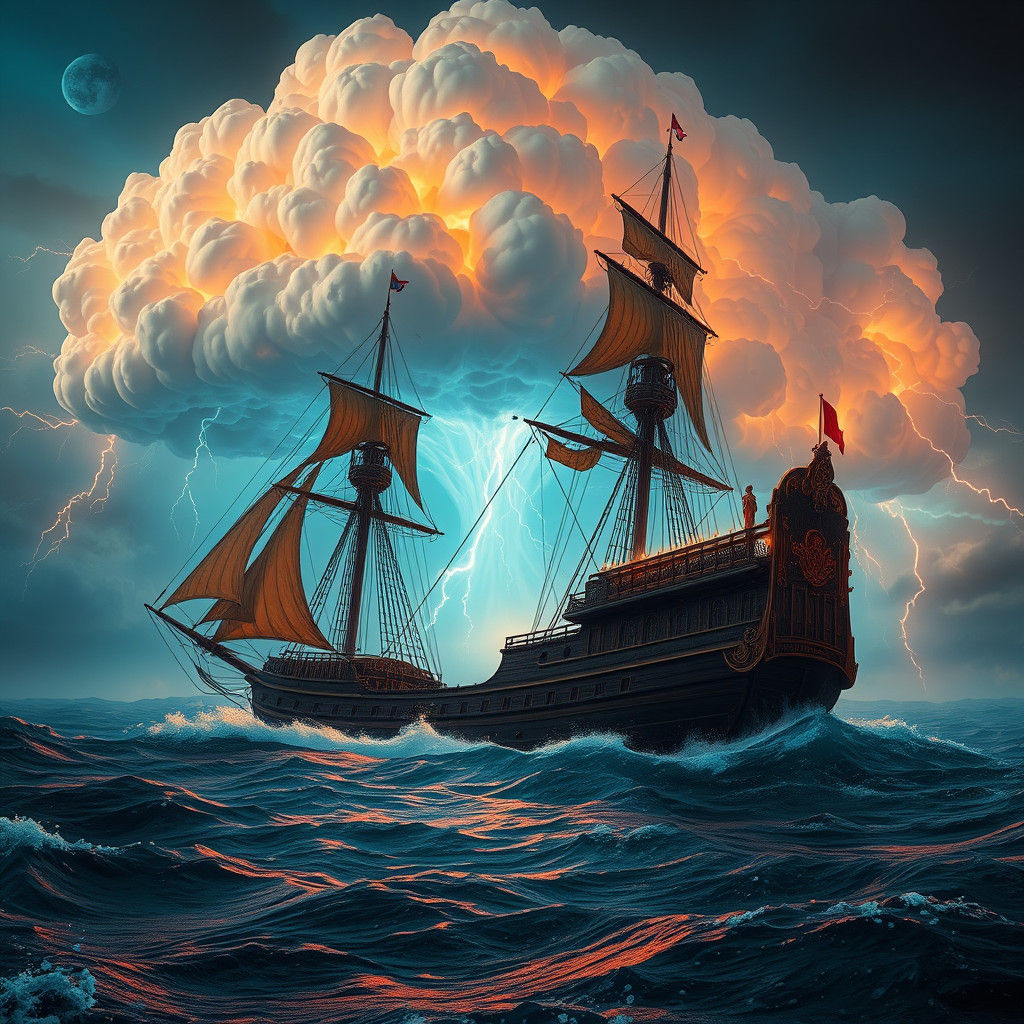 Ornate Ship Sinking in Ethereal Storm