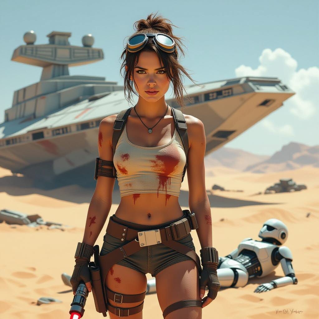 Rey, Scavenger in Desert Landscape, Gritty Sci-Fi Art