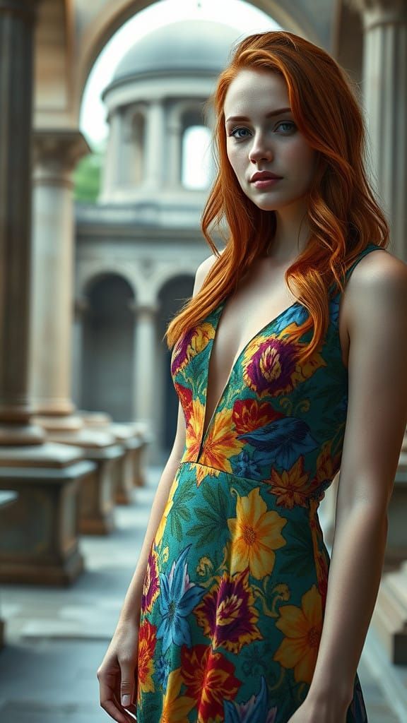 Redhead wears a  v-neckline, sleeveless colorful microdress.