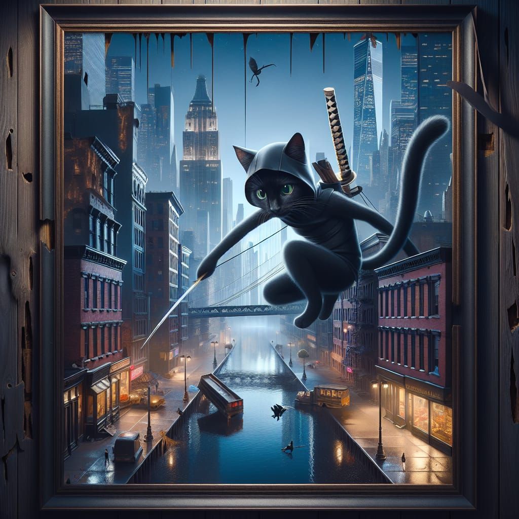 Ninja Cat Infiltrates New York: Surreal Concept Art