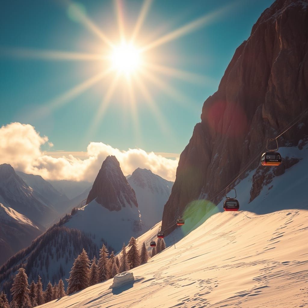 Mountain Gondola Ascends to Majestic Cliffs in Ethereal Ligh...