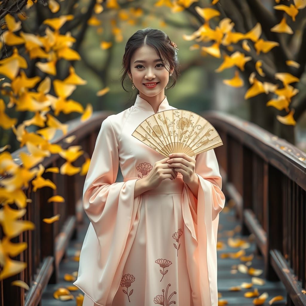 Woman in Asian Dress on Wooden Bridge