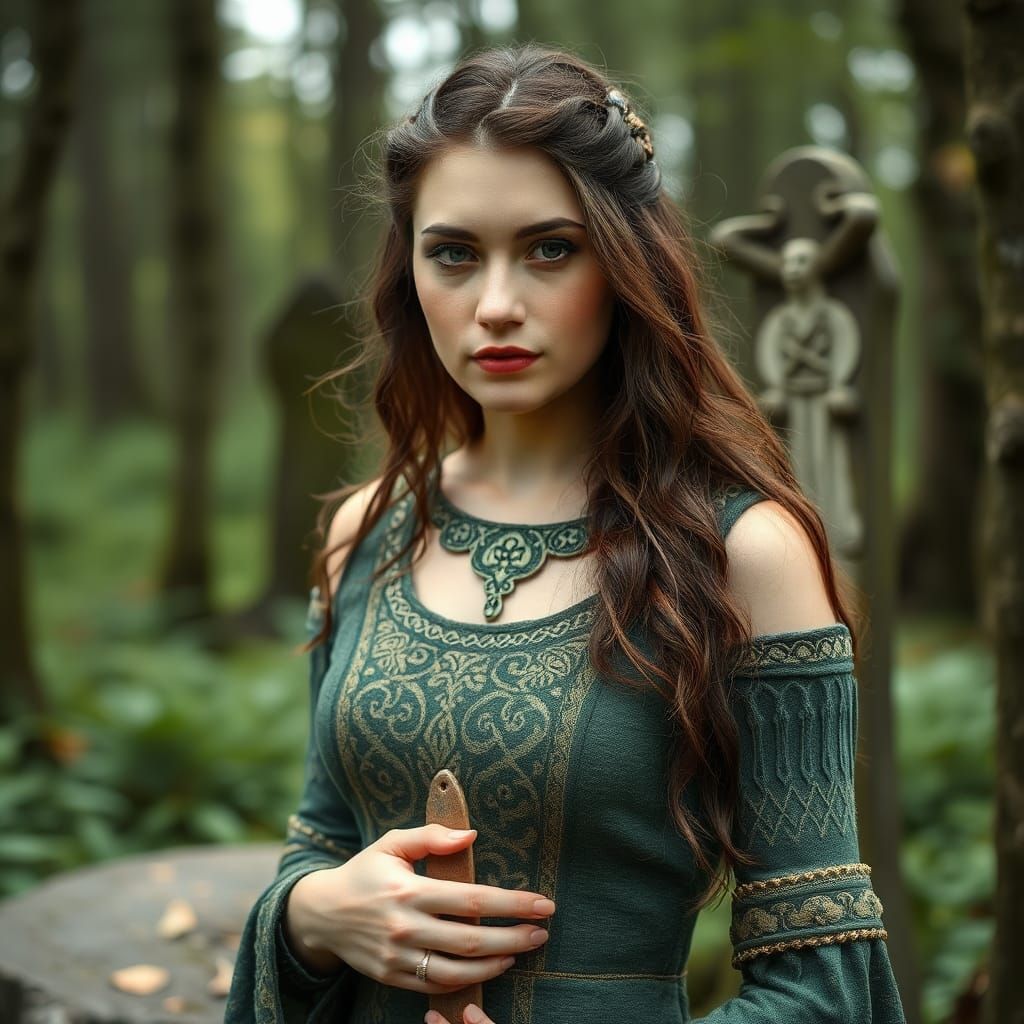 Celtic Woman at Rune Obelisk in Forest