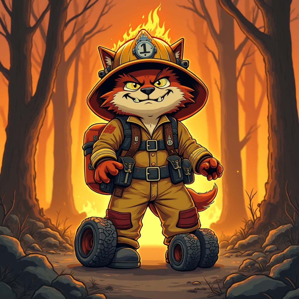 Furious Cartoon Firefighter Rides into the Wildland