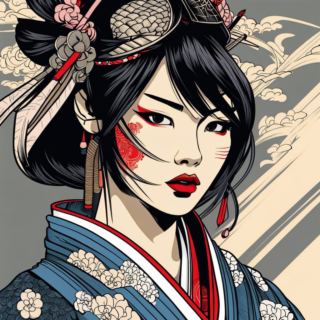 Minimalist Ink Drawing of a Samurai Woman