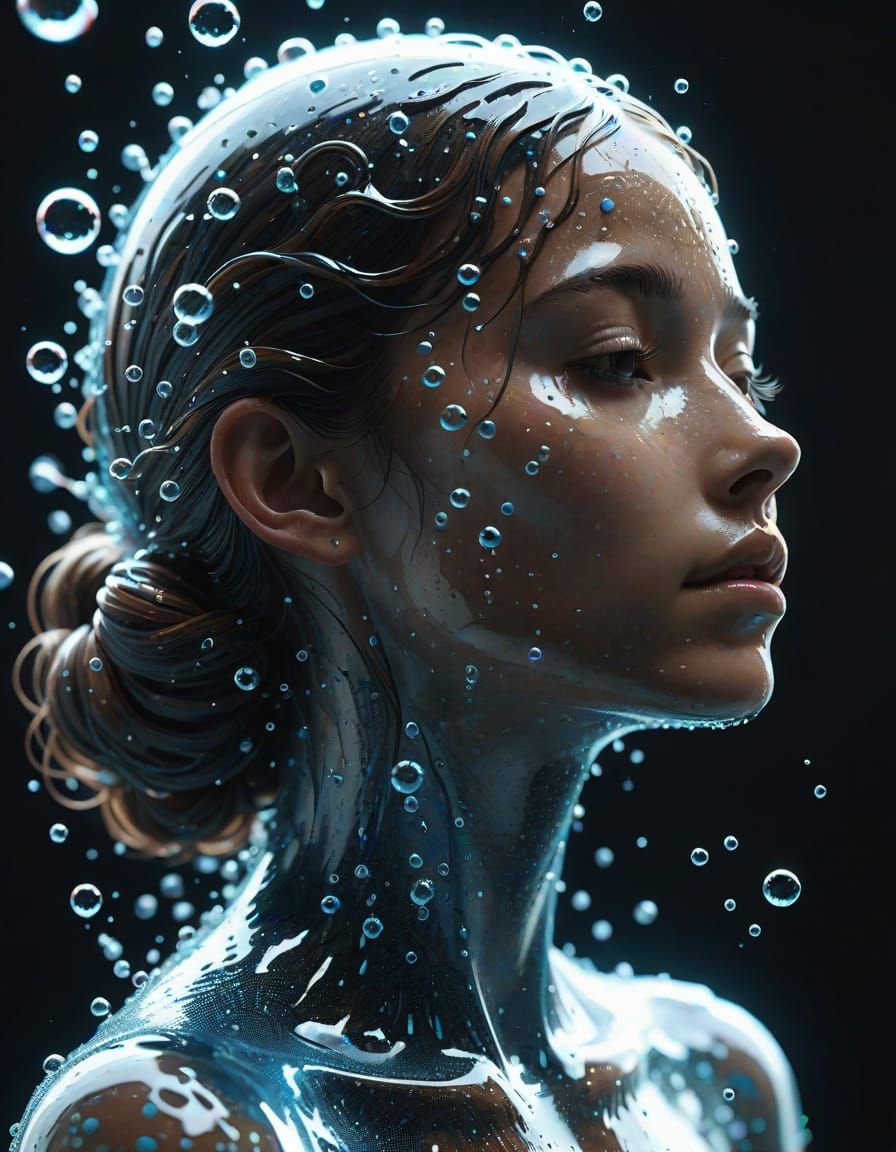 Abstract Woman Silhouette with Flowing Bubbles