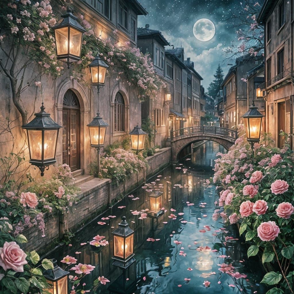 Kyoto Blossom Lanterns: Lilac Roses Over Moonlit Canal