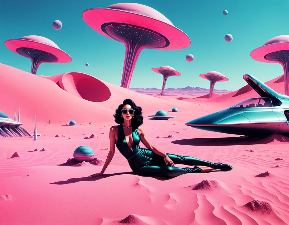 Woman Sunbathing on Alien Planet in Cyberpunk Style