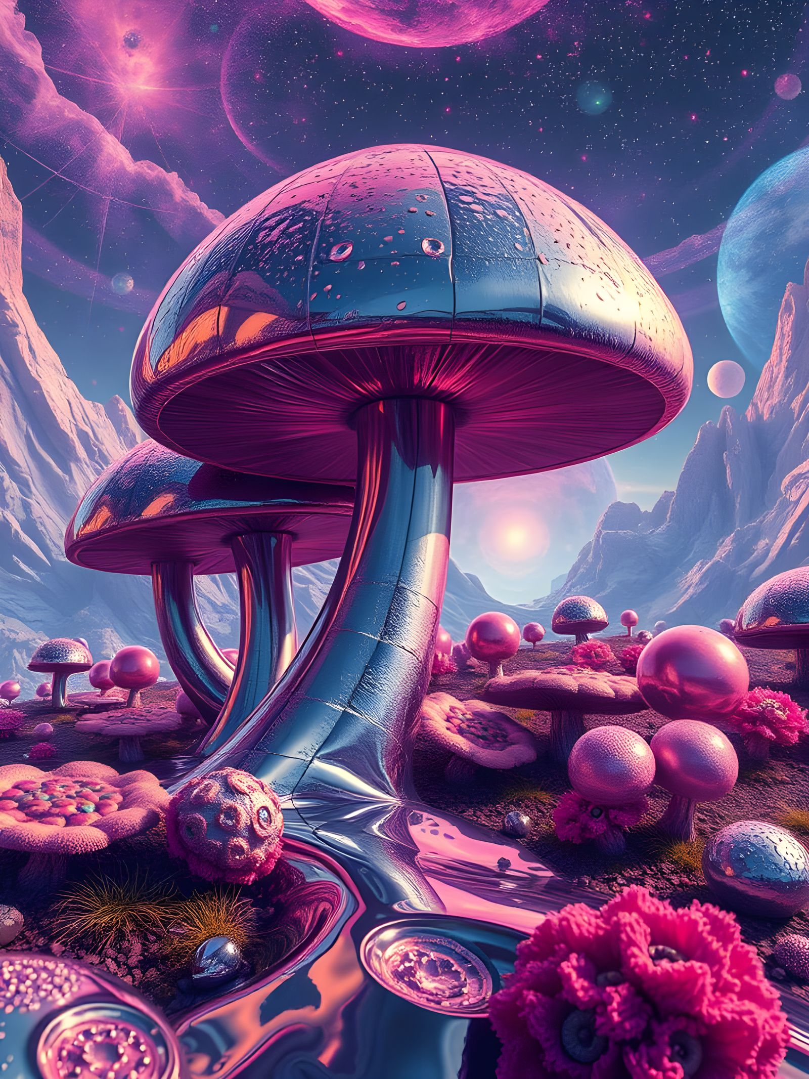 Surreal Chrome Landscape in a Whimsigoth Aesthetic