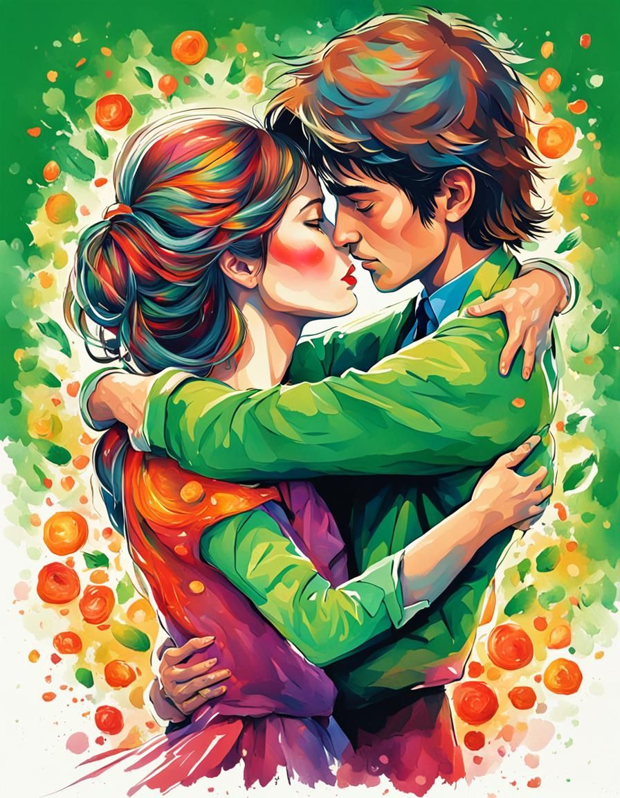 Man Embraces Woman with Shining Green Eyes