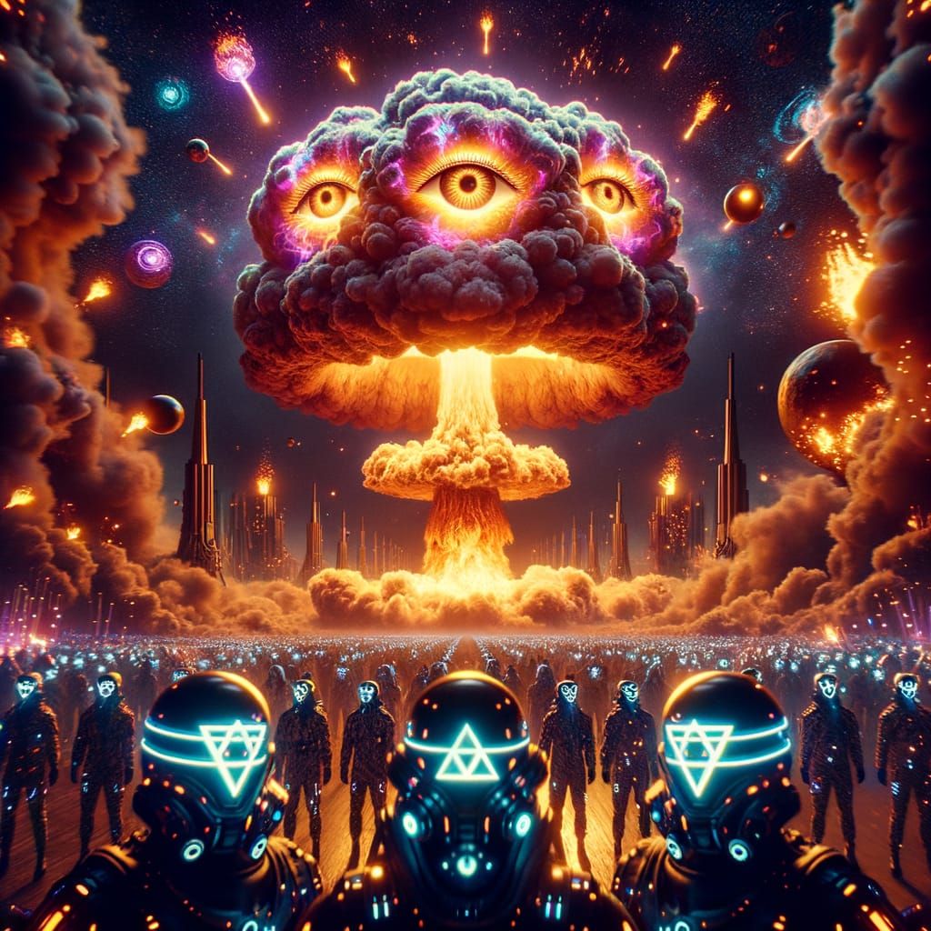 Ethereal Mushroom Cloud Spectacle in Cyberpunk Party Scene