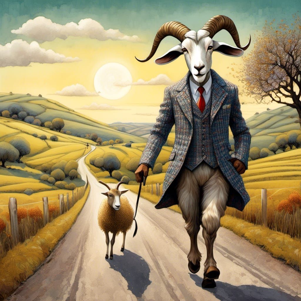Anthropomorphic Goat in Tweed Suit on Country Road
