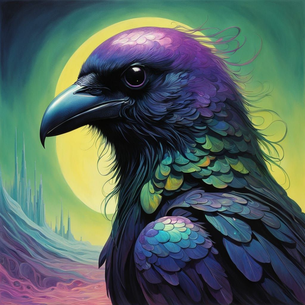 Ethereal Carrion Crow in Futuristic Biomechanic Landscape