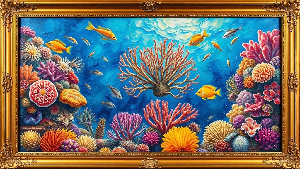 Vibrant Coral Reef Impasto Oil Painting