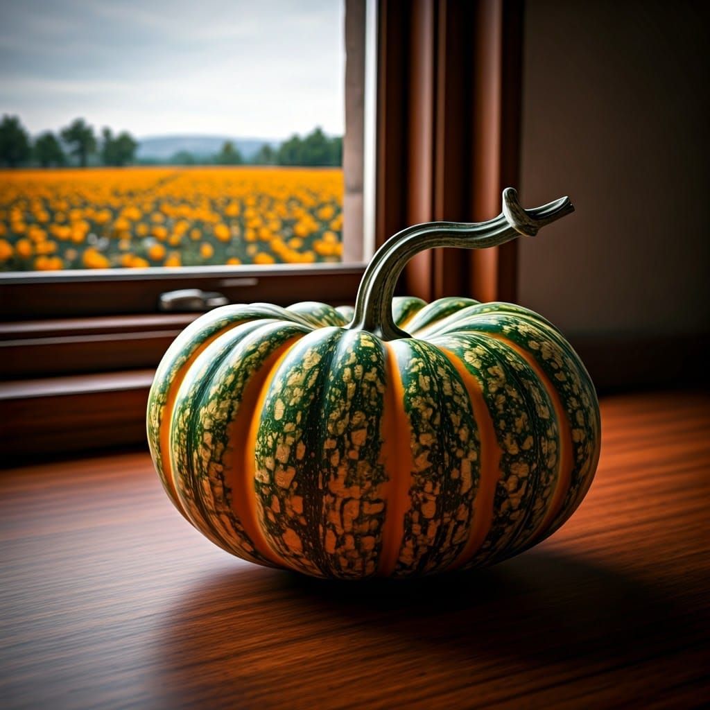 Hyperdetailed Gourd on Mahogany Table: Photorealistic Close-...
