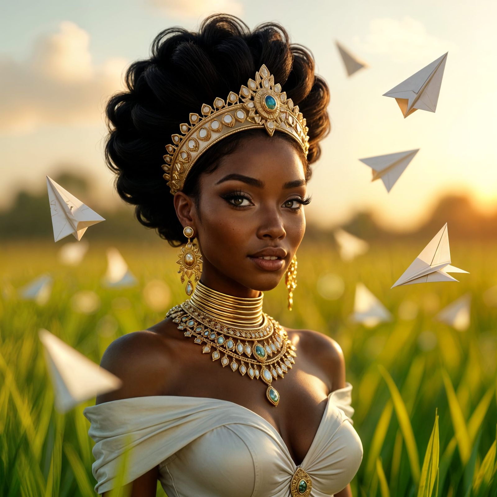 African Queen Amidst Paper Airplanes in Sunny Grass