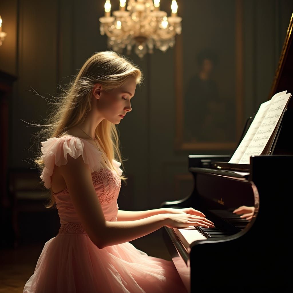 Baroque-Style Man in Pink Dress at Piano